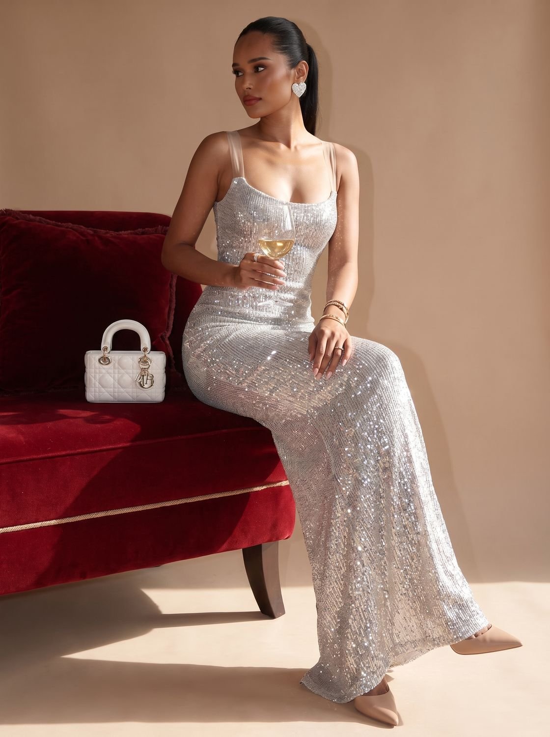 Women's Sequin Maxi Dress with Square Neckline | Thin Straps, Bodycon Floor Length Cut | Sizes S to L, Silver