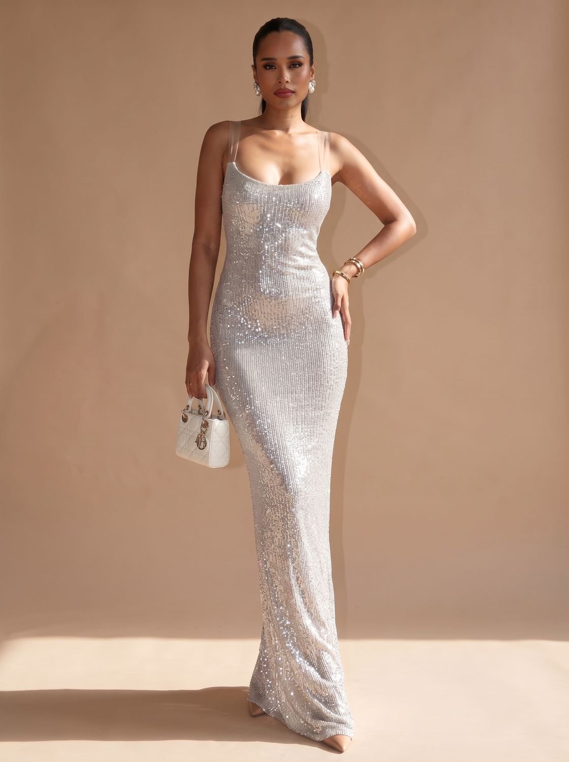 Women's Sequin Maxi Dress with Square Neckline | Thin Straps, Bodycon Floor Length Cut | Sizes S to L, Silver