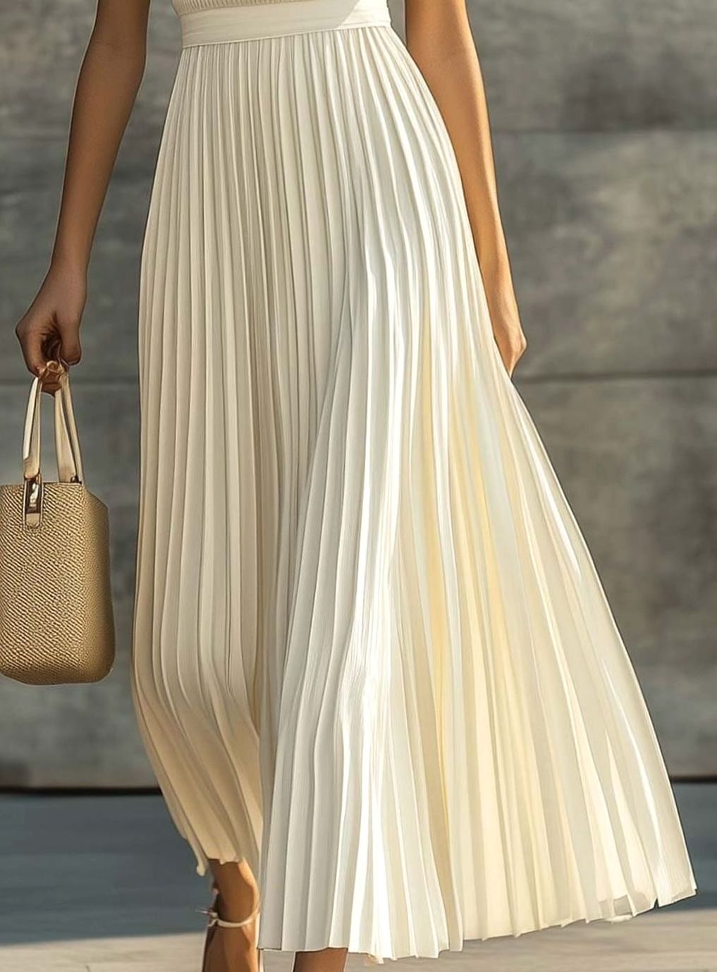 Women's Cream Maxi Dress with Full Pleated Skirt | Ribbed Knit Bodice, Round Neck, Sleeveless | Sizes XS-2XL