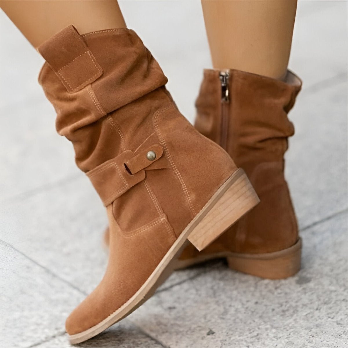 Women's Slouchy Boots in Faux Suede | Mid-Calf Shaft with Snap-Button Strap | Side Zip and Block Heel | 3 Colors