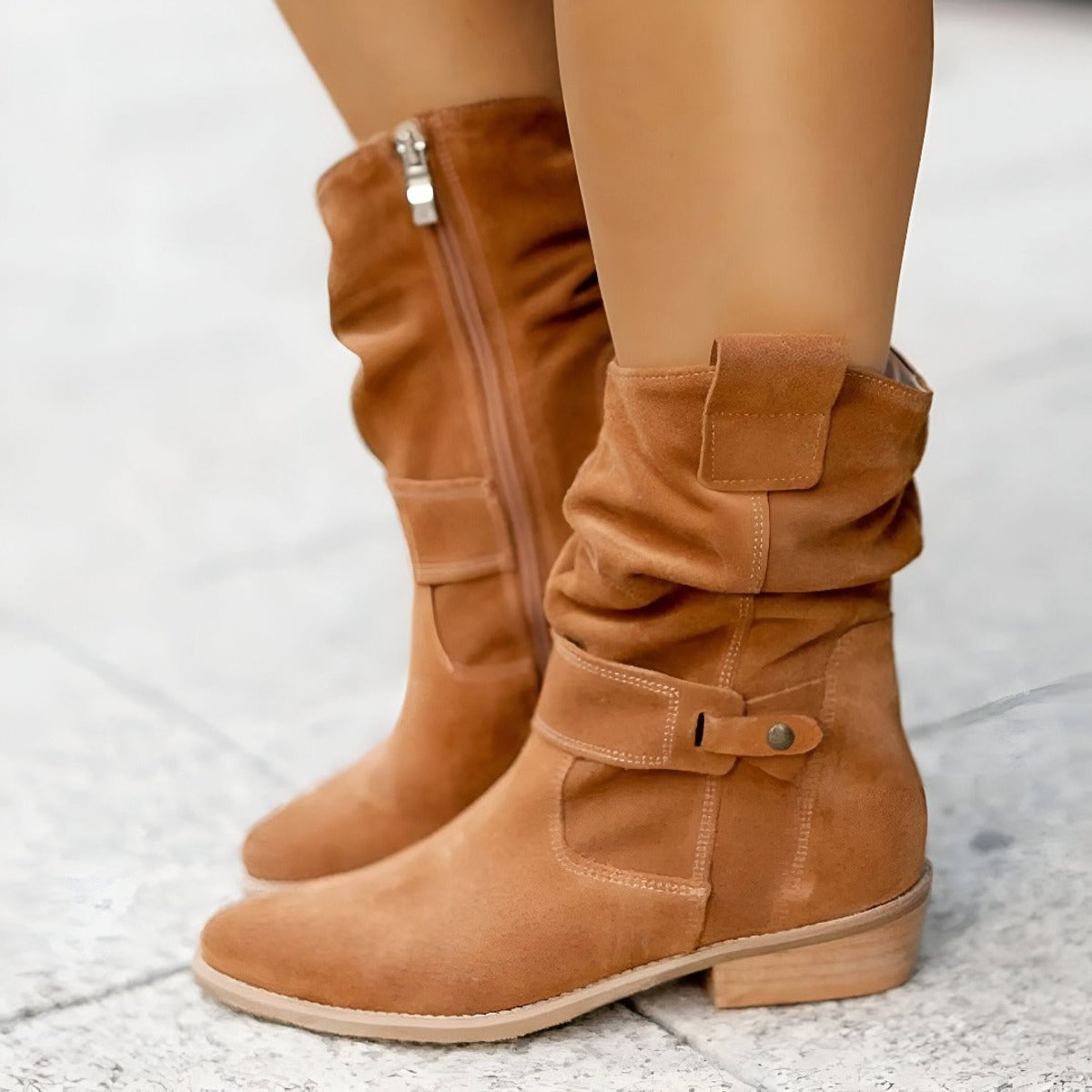 Women's Slouchy Boots in Faux Suede | Mid-Calf Shaft with Snap-Button Strap | Side Zip and Block Heel | 3 Colors
