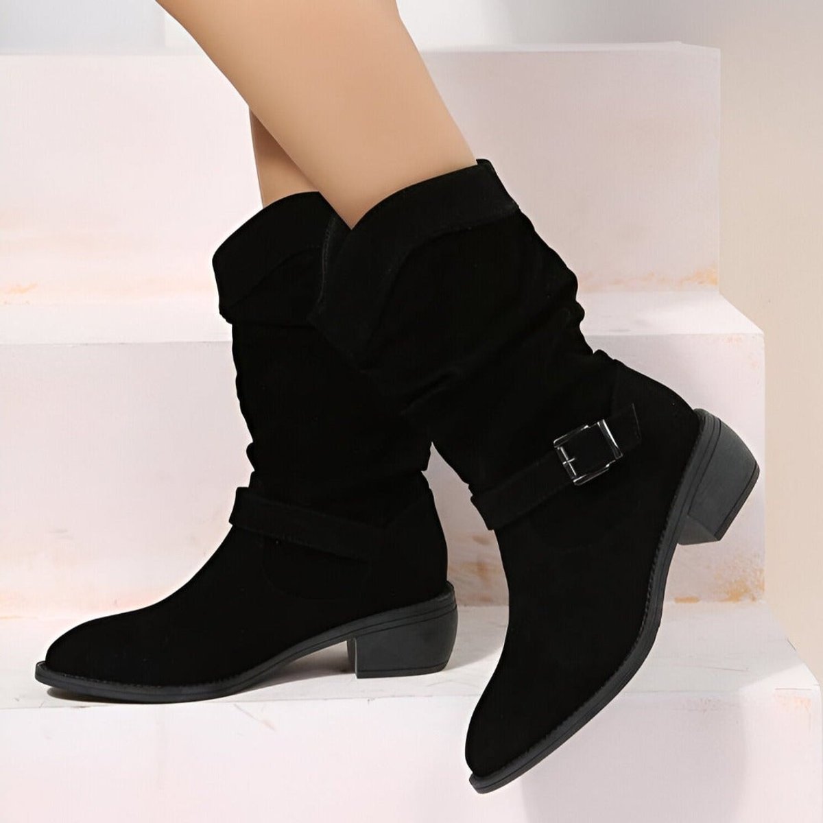 Women's Slouchy Boots in Faux Suede | Mid-Calf Shaft with Snap-Button Strap | Side Zip and Block Heel | 3 Colors