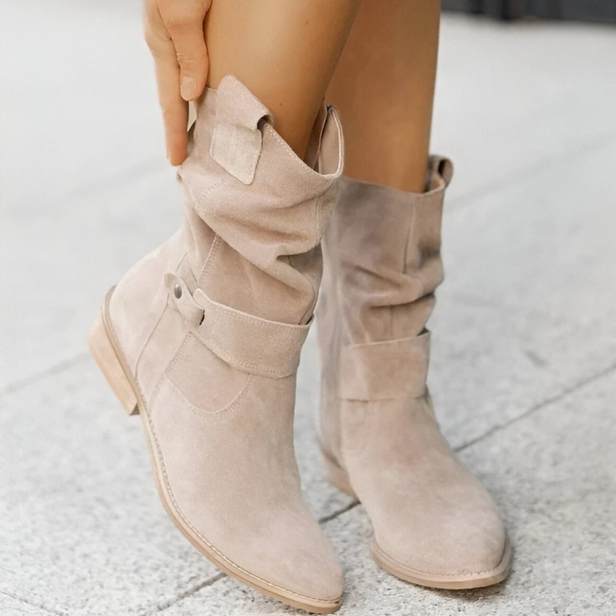 Women's Slouchy Boots in Faux Suede | Mid-Calf Shaft with Snap-Button Strap | Side Zip and Block Heel | 3 Colors