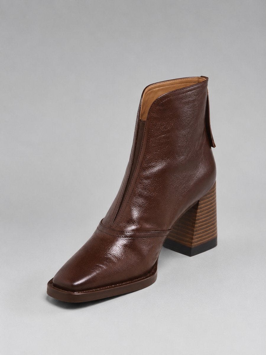 Women's Block Heel Ankle Boots with Square Toe | Crinkled Faux Leather Upper and Back Zip Entry | 2 Colors