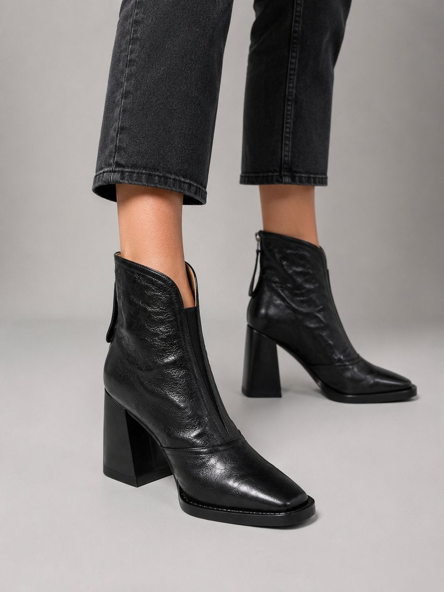 Women's Block Heel Ankle Boots with Square Toe | Crinkled Faux Leather Upper and Back Zip Entry | 2 Colors