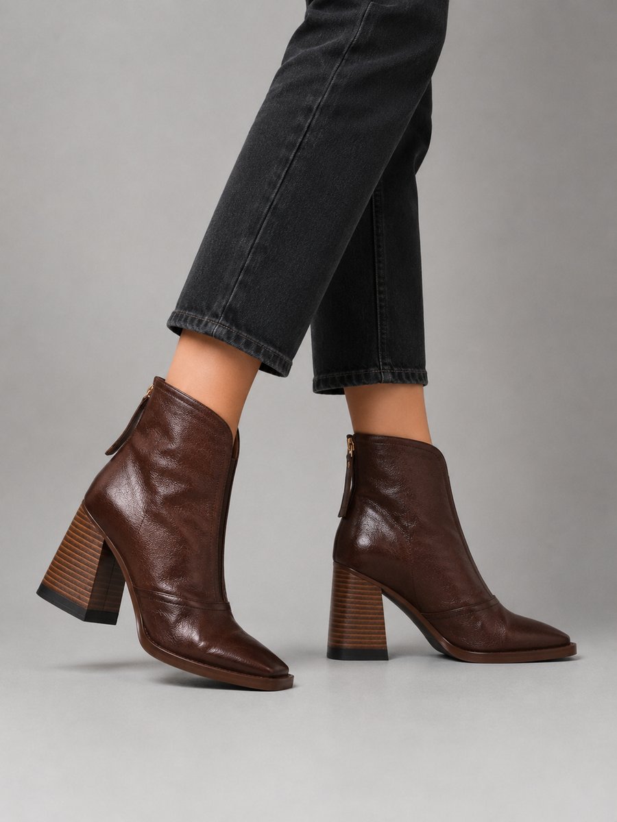 Women's Block Heel Ankle Boots with Square Toe | Crinkled Faux Leather Upper and Back Zip Entry | 2 Colors
