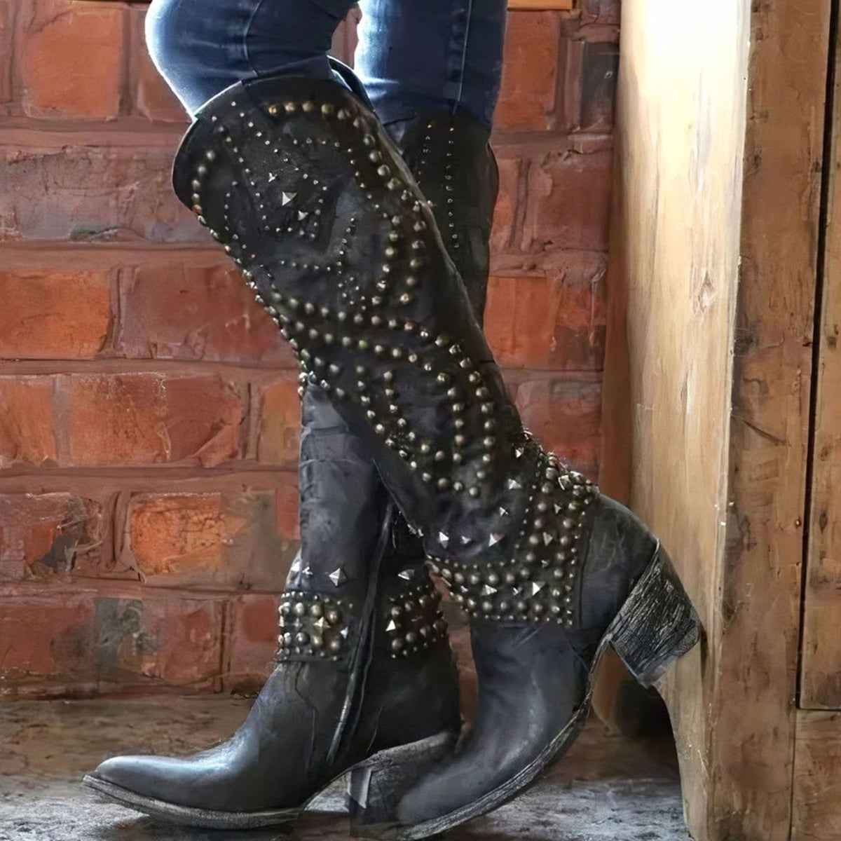 Women's Studded Cowboy Boots with a Tall Western Shaft | Pointed Toe, Chunky Block Heel | 5 Colors