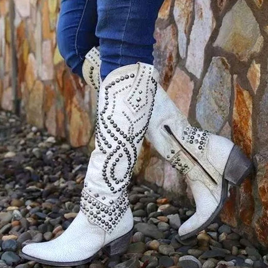 Women's Studded Cowboy Boots with a Tall Western Shaft | Pointed Toe, Chunky Block Heel | 5 Colors