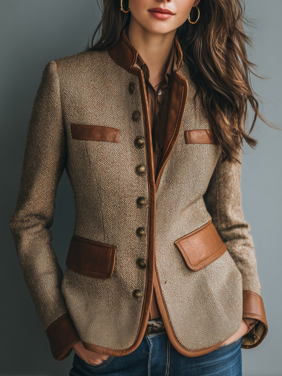 Women's Brown Herringbone Tweed Jacket with Faux Leather Trim | Fitted Fall Blazer Style with Brass Buttons and Pockets | Size XS-2XL