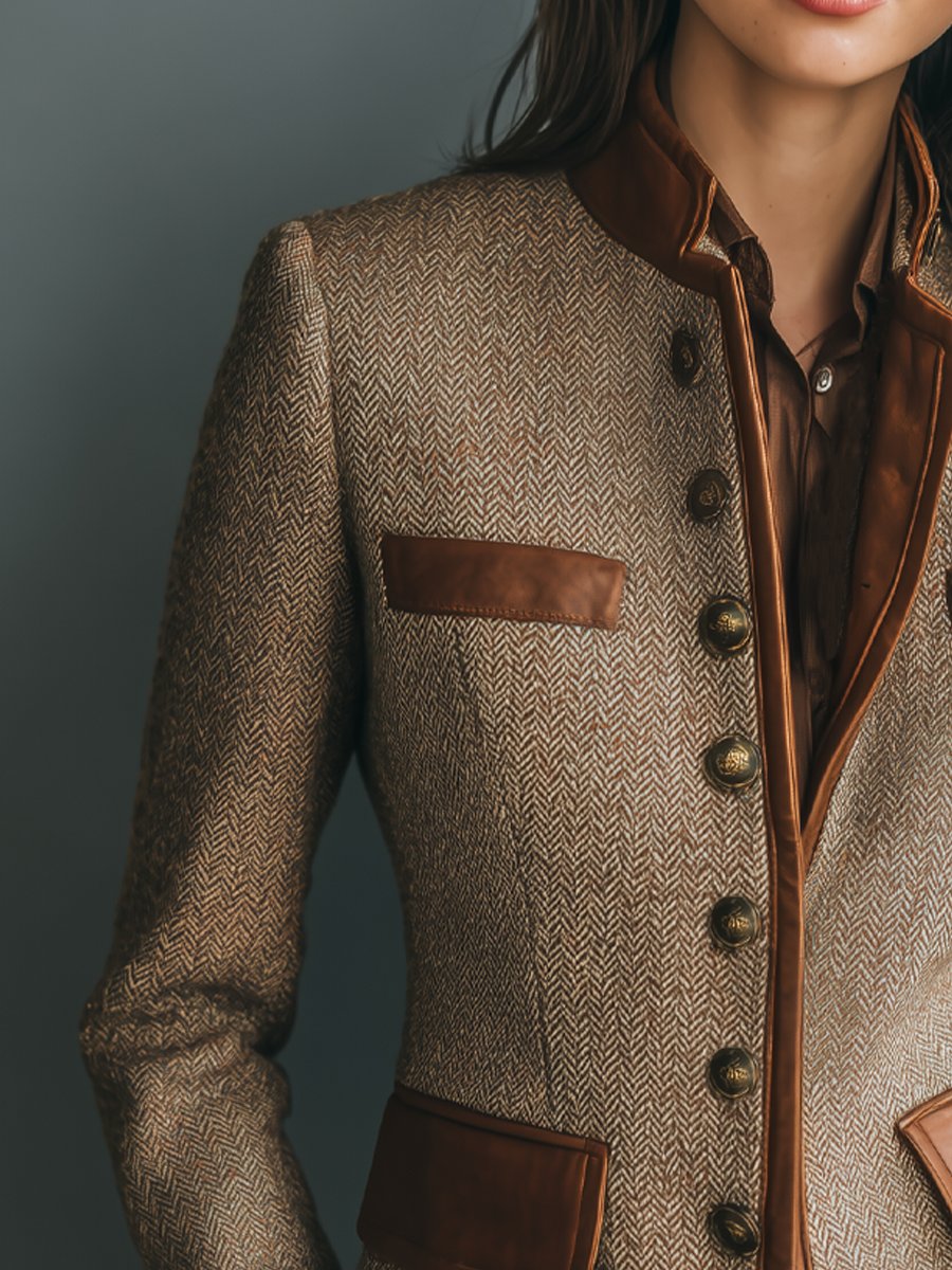 Women's Brown Herringbone Tweed Jacket with Faux Leather Trim | Fitted Fall Blazer Style with Brass Buttons and Pockets | Size XS-2XL
