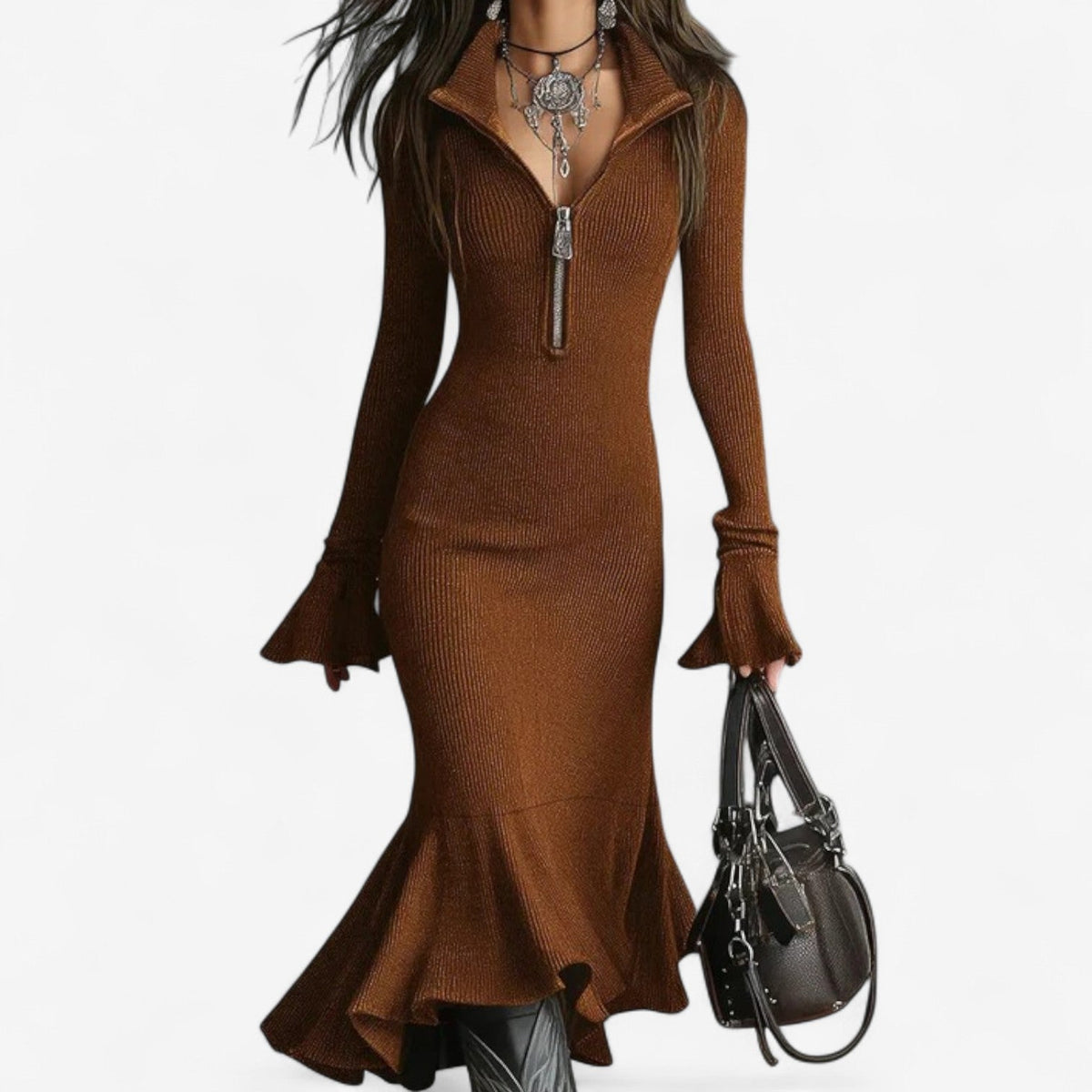 Women's Ribbed Knit Sweater Dress with Half Zip Neck | Bell Sleeves and Flared Hem | Size S-4XL, 6 Colors