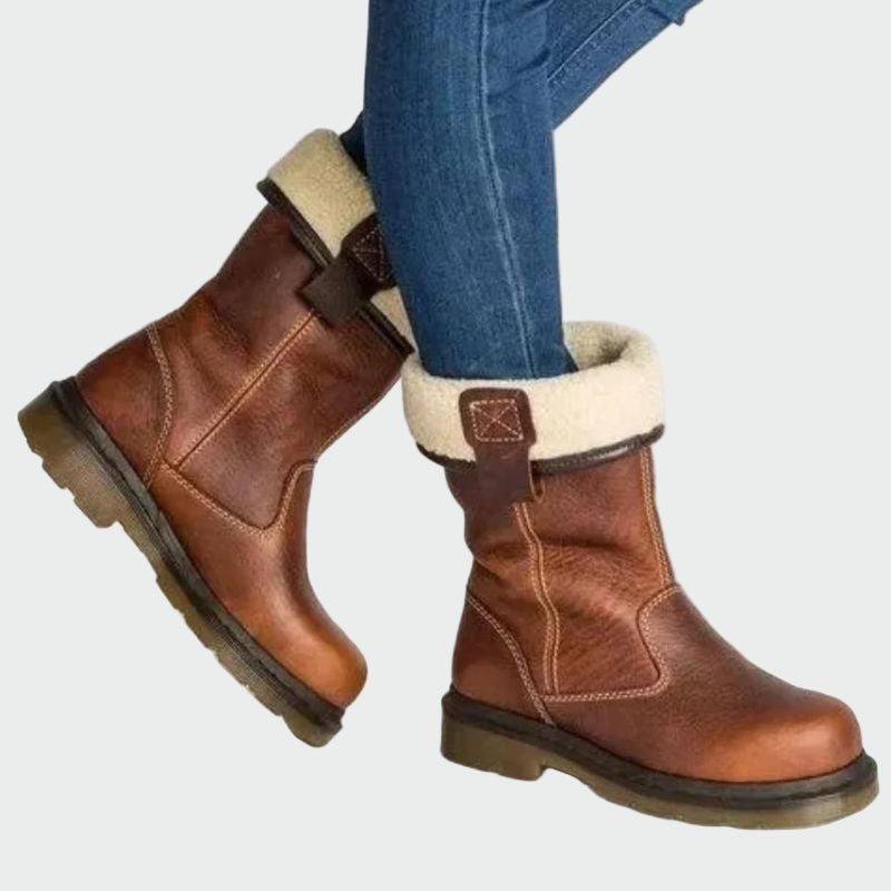 Women's Waterproof Boots with Sheepskin Lining | Fold-Down Cuff, Leather-Look Shaft and Grip Sole | Brown