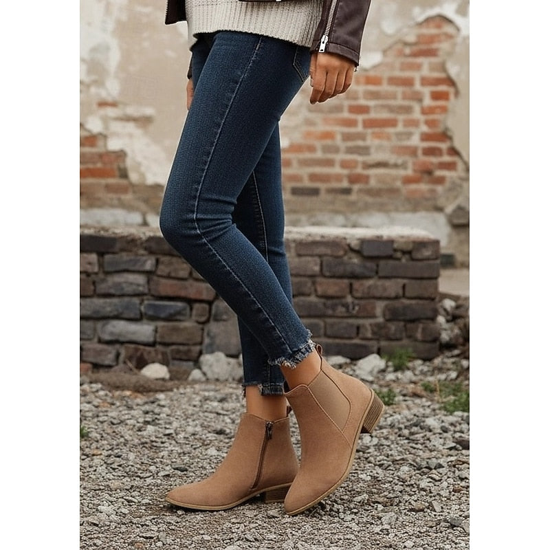 Women's Ankle Boots with Block Heel and Zip Closure | Size 6-10.5 | Khaki, Grey, Black, Dark Brown, Beige