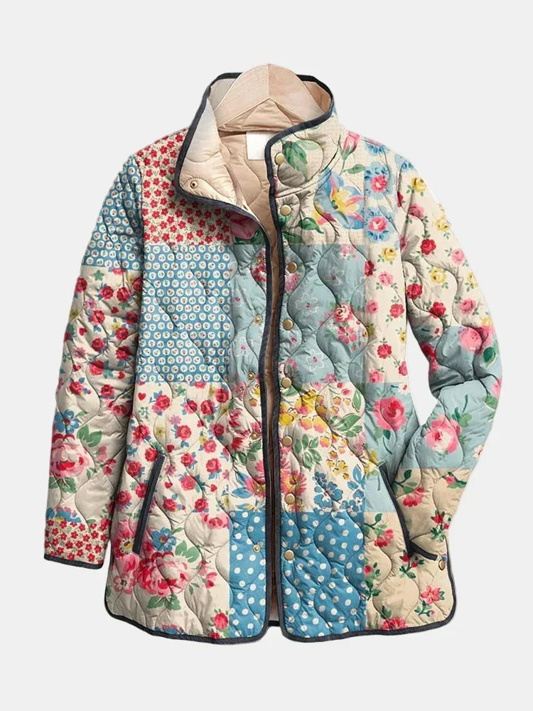 Women's Oversized Wrap Front Quilted Jacket with Pastel Patchwork Print | Padded Layer with Stand Collar and Full Zip | Size S-3XL