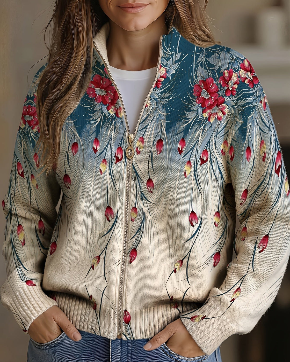 Women's Ombre Floral Cardigan with Gold Zipper and Ribbed Cuffs | Lightweight Stretch Knit, Relaxed Fit | Size S-3XL