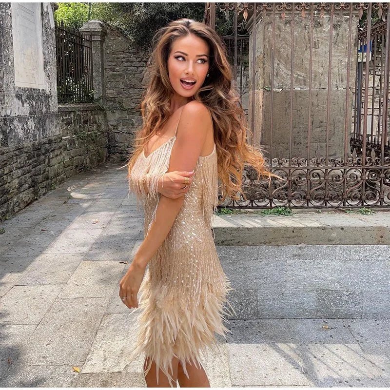 Women's Cocktail Mini Dress with Sequin Fringe and Feather Hem | Deep V Neck, Spaghetti Straps | Sizes XS to 3XL, 4 Colors