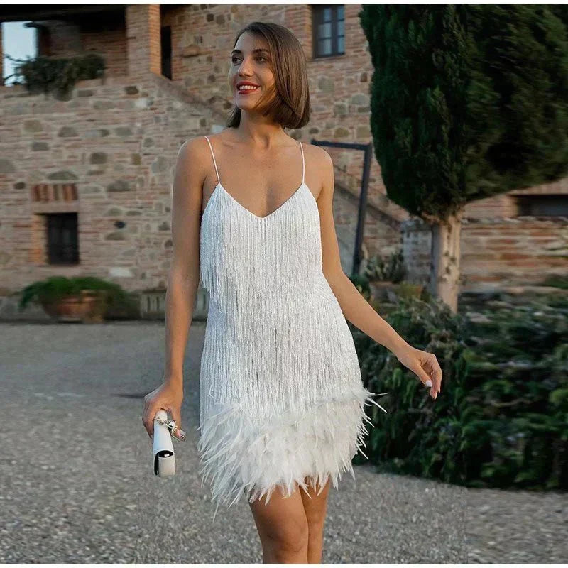 Women's Cocktail Mini Dress with Sequin Fringe and Feather Hem | Deep V Neck, Spaghetti Straps | Sizes XS to 3XL, 4 Colors