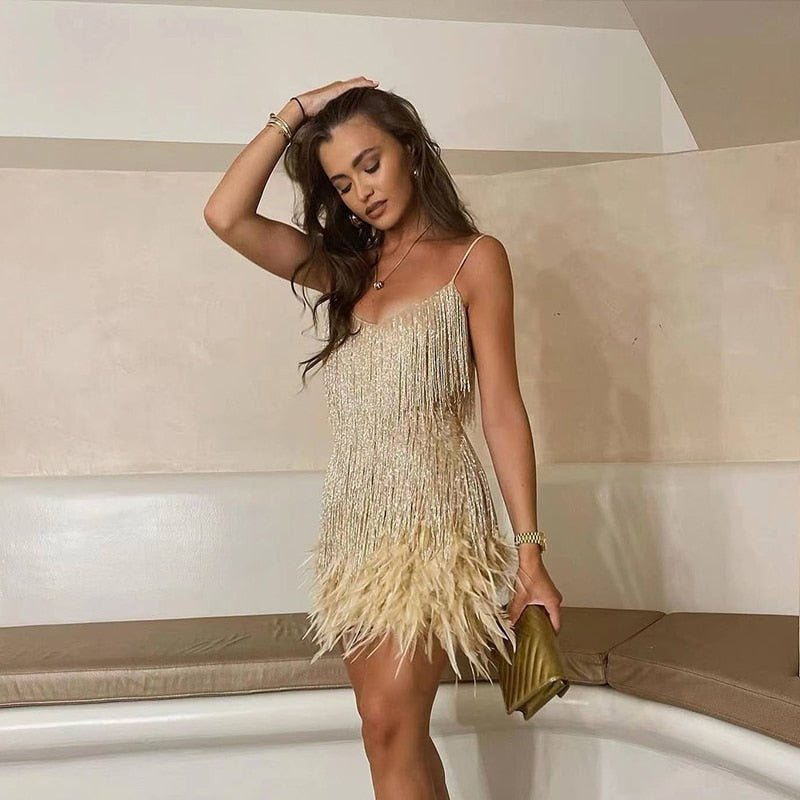 Women's Cocktail Mini Dress with Sequin Fringe and Feather Hem | Deep V Neck, Spaghetti Straps | Sizes XS to 3XL, 4 Colors