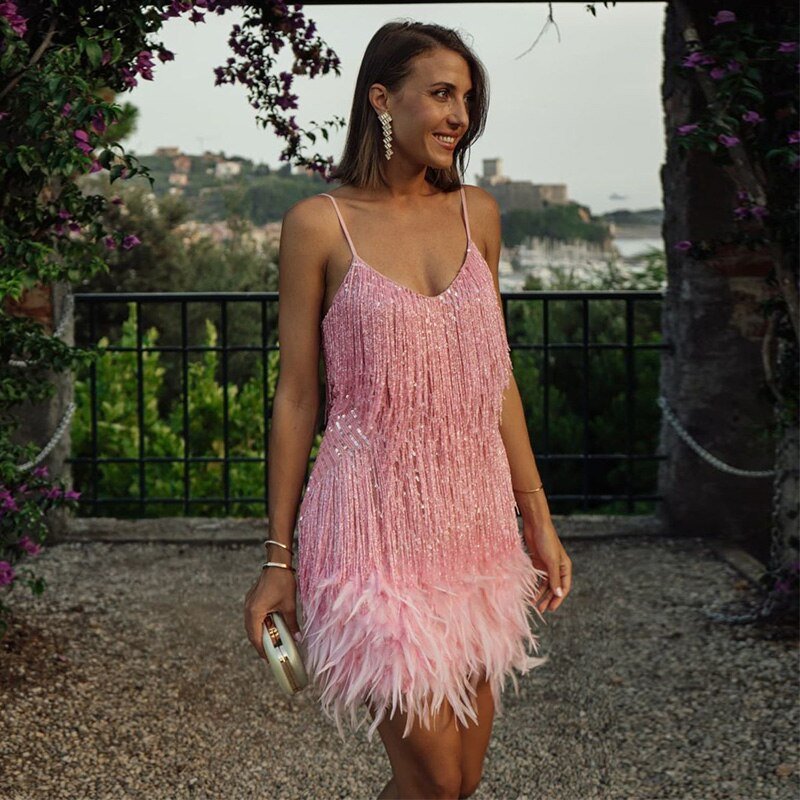 Women's Cocktail Mini Dress with Sequin Fringe and Feather Hem | Deep V Neck, Spaghetti Straps | Sizes XS to 3XL, 4 Colors